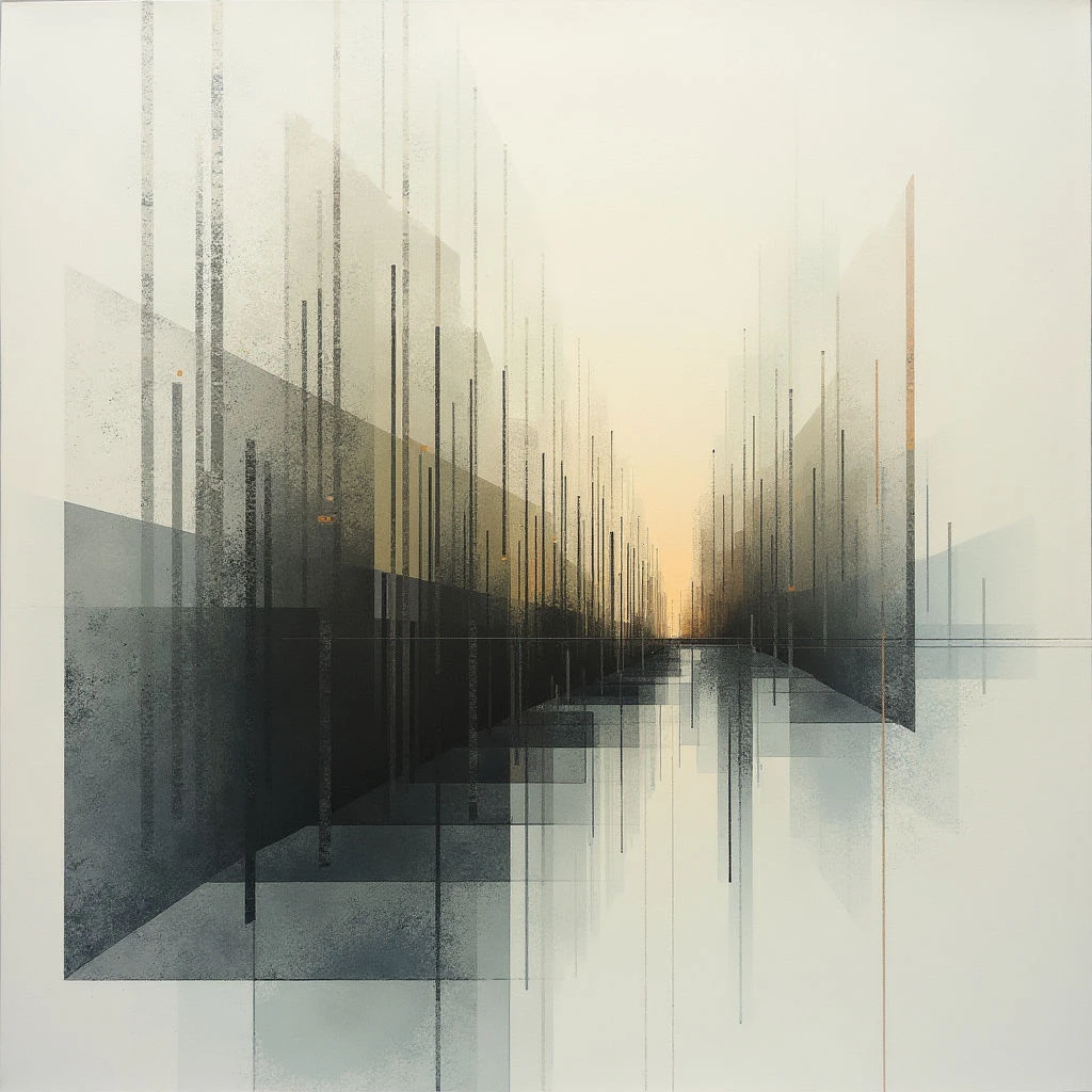 A geometric landscape stretches into the distance, composed of dark and light rectangular forms and tall, slender vertical lines. The composition is mirrored along a central axis, creating a sense of symmetry and depth that fades towards a warm, hazy horizon. Reflections appear below, suggesting a body of water or polished surface amplifying the abstract cityscape.