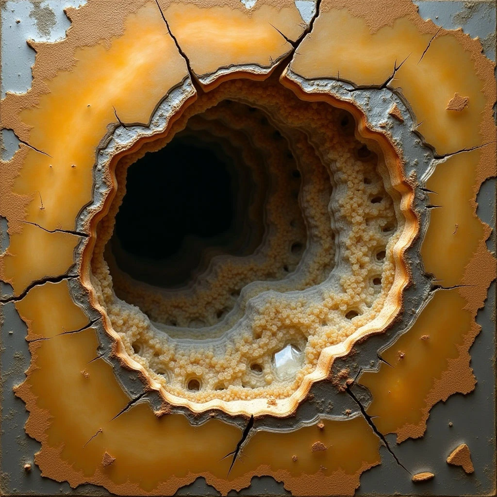 The image features a central dark cavity surrounded by concentric layers of warm orange and yellow tones, set within a rough, textured gray field with cracked surfaces. The inner cavity is smooth and appears to recede into darkness, while the surrounding layers exhibit varied textures from translucent bands to granular formations. Light catches the edges of the layered material, creating highlights and shadows that emphasize its three-dimensional form against the flatter, more muted background.