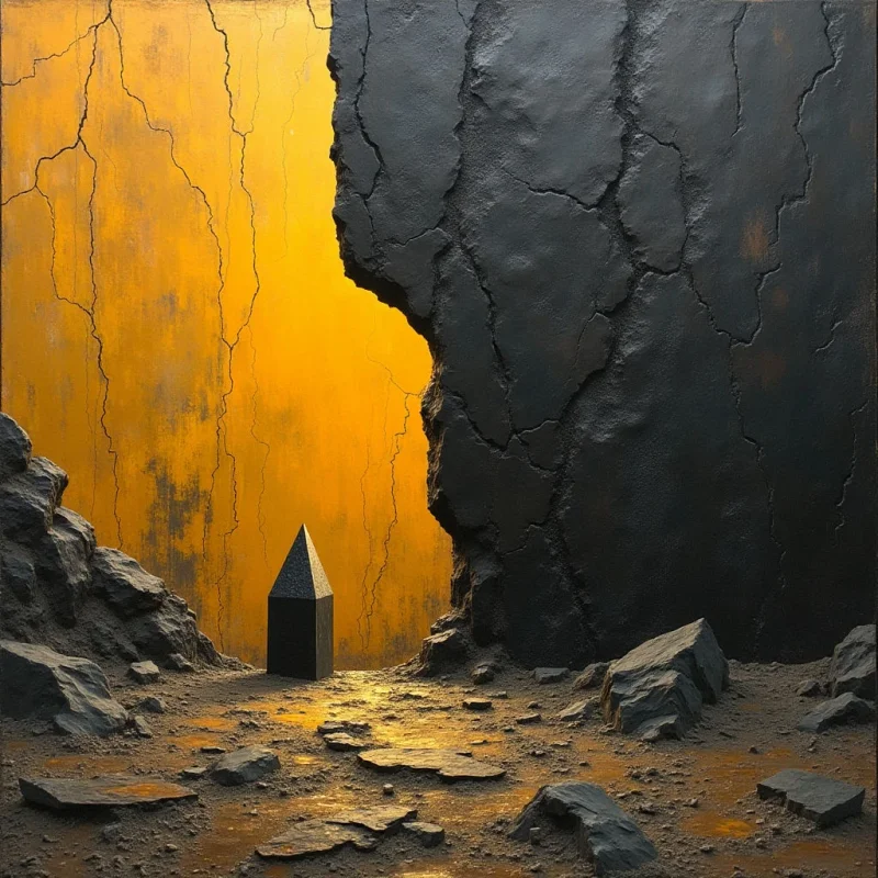 A dark, craggy rock formation dominates the right side of the frame, contrasted against a bright, textured yellow background marked by vertical cracks. A small, black pyramidal structure sits nestled between the cliffs on a rugged, uneven ground. Light reflects off the damp, stony surface of the foreground, creating a sense of depth between the heavy shadows and the glowing backdrop.