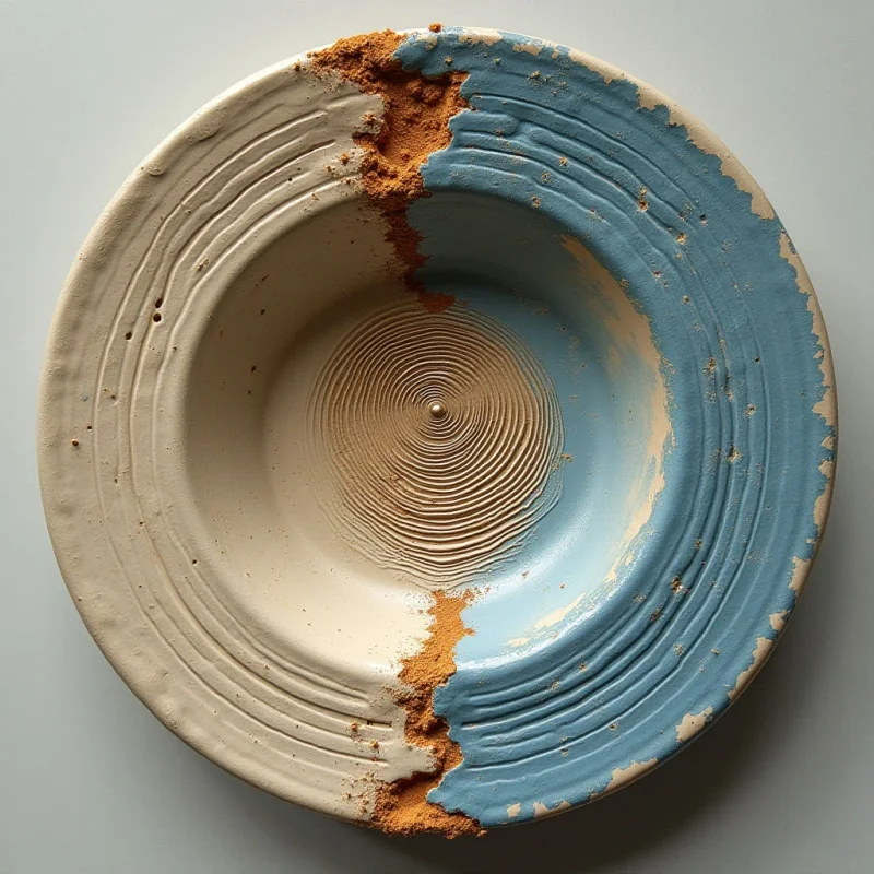A circular vessel is divided by a jagged, textured line of ochre earth that separates a smooth cream-colored side from a weathered blue surface. Concentric ridges spiral toward the center, creating a rhythmic pattern of grooves across both colored sections. Soft, even light emphasizes the contrast between the matte clay textures and the irregular, granular boundaries.