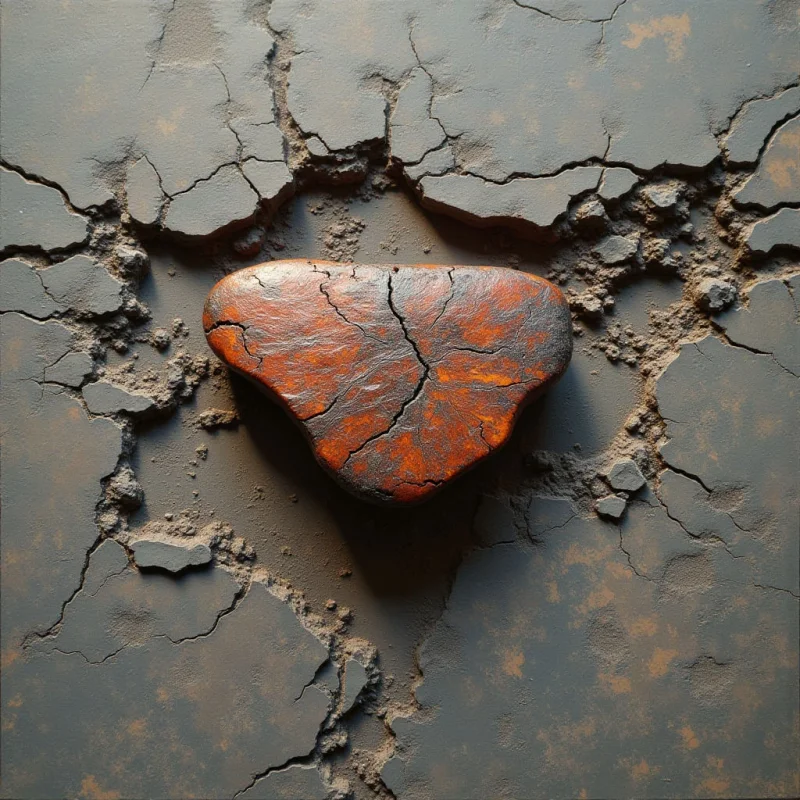 A smooth, reddish-brown stone with dark cracks sits centered within a jagged, irregular opening in a matte grey surface. The surrounding grey ground is characterized by fine textures and deep fissures that radiate outward from the central void. Soft lighting creates subtle shadows within the crevices, emphasizing the depth of the hole and the tactile contrast between the polished stone and the gritty earth.