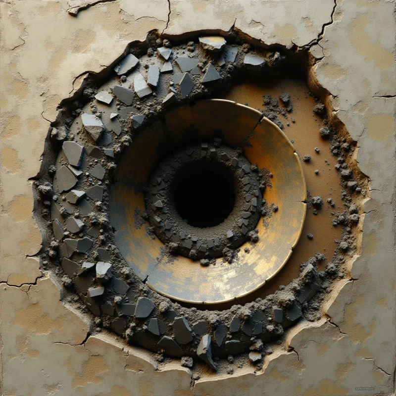 A circular void is set within a cracked, tan-colored textured surface, revealing concentric layers of dark, granular material and smooth, metallic gold rings. Jagged, dark grey stone fragments are scattered around the edges of the opening, creating a rough contrast against the flat background. Light descends from above, casting deep shadows into the central black core and highlighting the uneven relief of the debris.