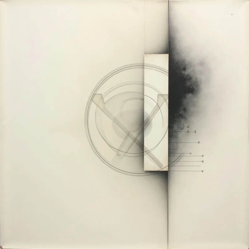 A large, circular shape with intersecting lines dominates the left side of a pale background. A dark, blurred vertical band cuts across the right third of the image, contrasting sharply with the lighter tones. Small, handwritten notations and measurements are visible along a series of horizontal lines near the center.