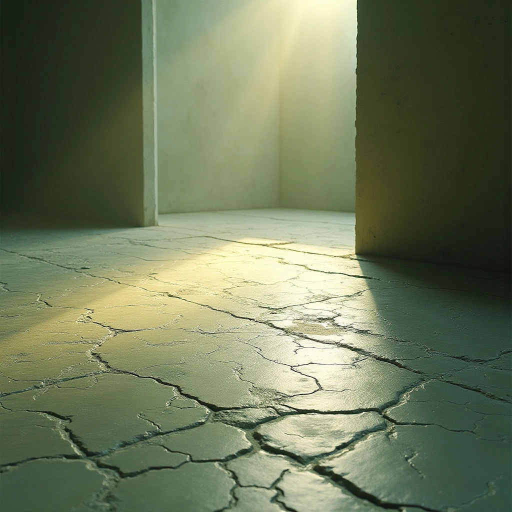 The scene is dominated by muted olive and tan tones across smooth wall surfaces and a fractured floor plane. The floor consists of large, irregularly shaped tiles with deep cracks running between them, creating a rough texture in contrast to the walls. Strong directional light enters from an unseen source, illuminating the center of the room and casting long shadows that emphasize the spatial depth and the unevenness of the floor.