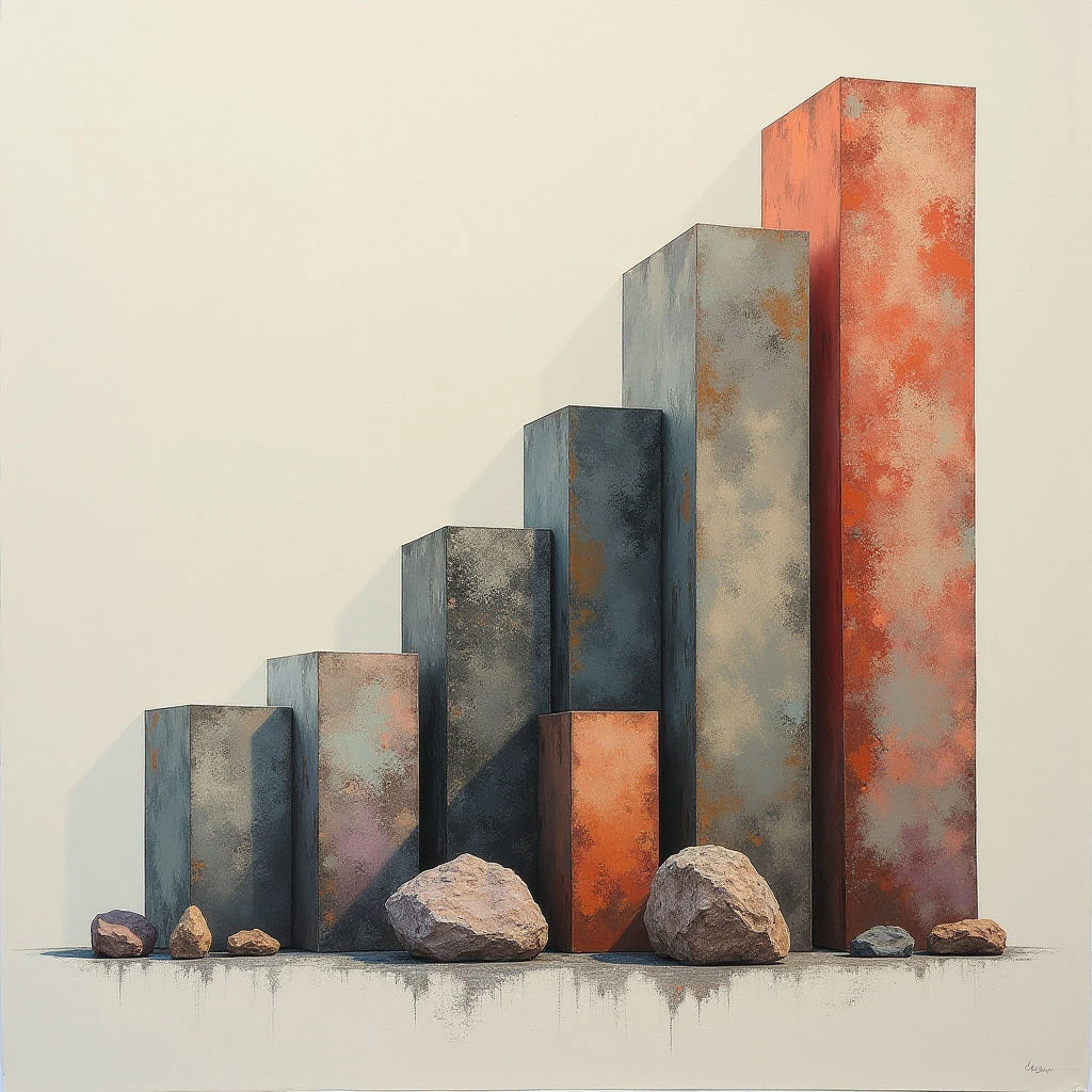 The image features a stepped arrangement of six rectangular prisms and four irregularly shaped stones on a pale, subtly textured ground plane. Colors range from muted blues and grays to warm oranges and browns, with each form exhibiting variations suggesting weathering or oxidation. Soft directional light casts shadows behind the objects, creating a sense of depth and establishing spatial relationships between them as they recede into the background.