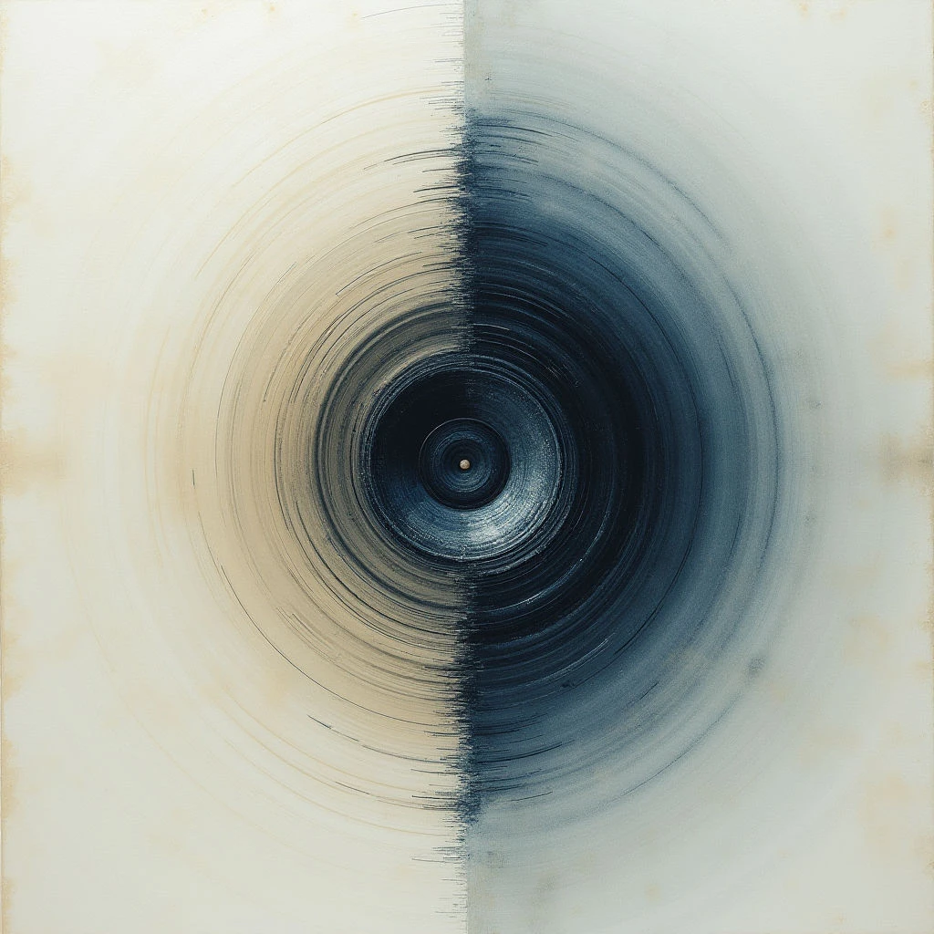 The image is dominated by a central circular form bisected into two halves with contrasting color palettes—one warm beige and tan tones, the other cool blues and grays. Concentric rings radiate outward from a dark core, creating a sense of depth and movement with varying line weights and textures that appear brushed or layered. Light seems to emanate from the center, gradually diminishing towards the edges, while spatial relationships are implied through the illusion of receding layers within the circular design.