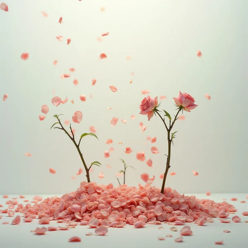 Pale pink roses bloom from a mound of scattered rose petals against a soft, neutral background. Petals are falling all around the flowers, creating a gentle and ethereal atmosphere. The overall effect is delicate and dreamlike, suggesting growth emerging from decay or remembrance.