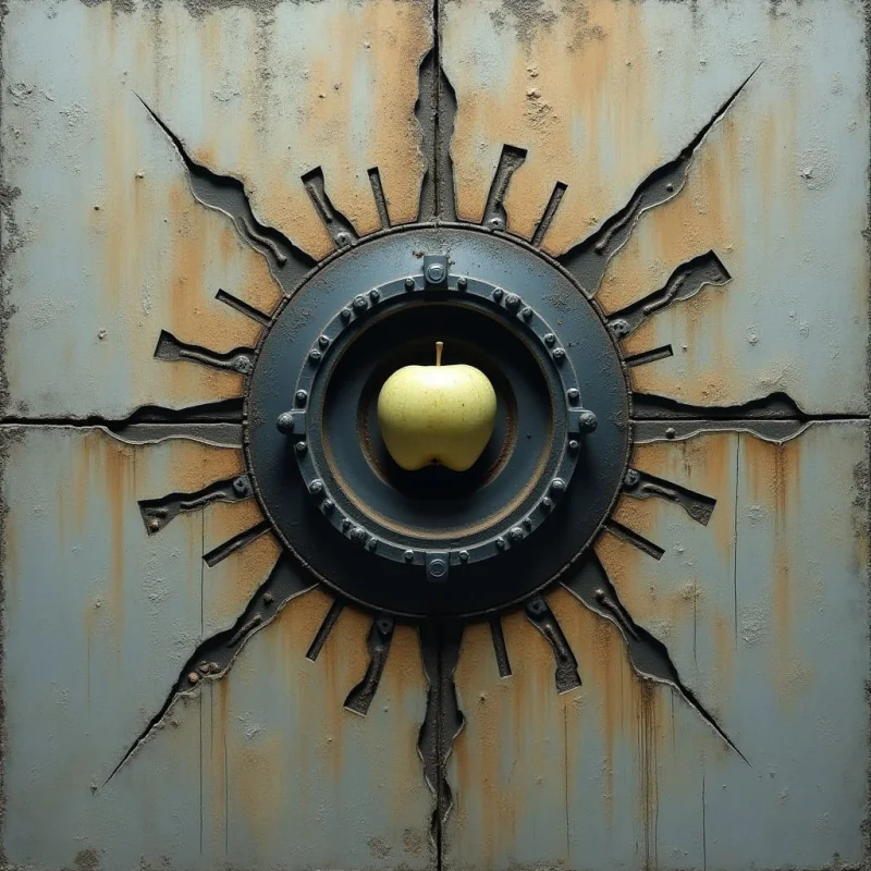 A pale yellow apple sits centered within a dark, circular metallic ring that is bolted to a weathered grey surface. Jagged, dark cracks radiate outward from the center in star-like shapes across the textured, rust-stained panels. The composition uses high contrast between the smooth fruit and the rough, industrial background, with light appearing even and diffused across the scene.