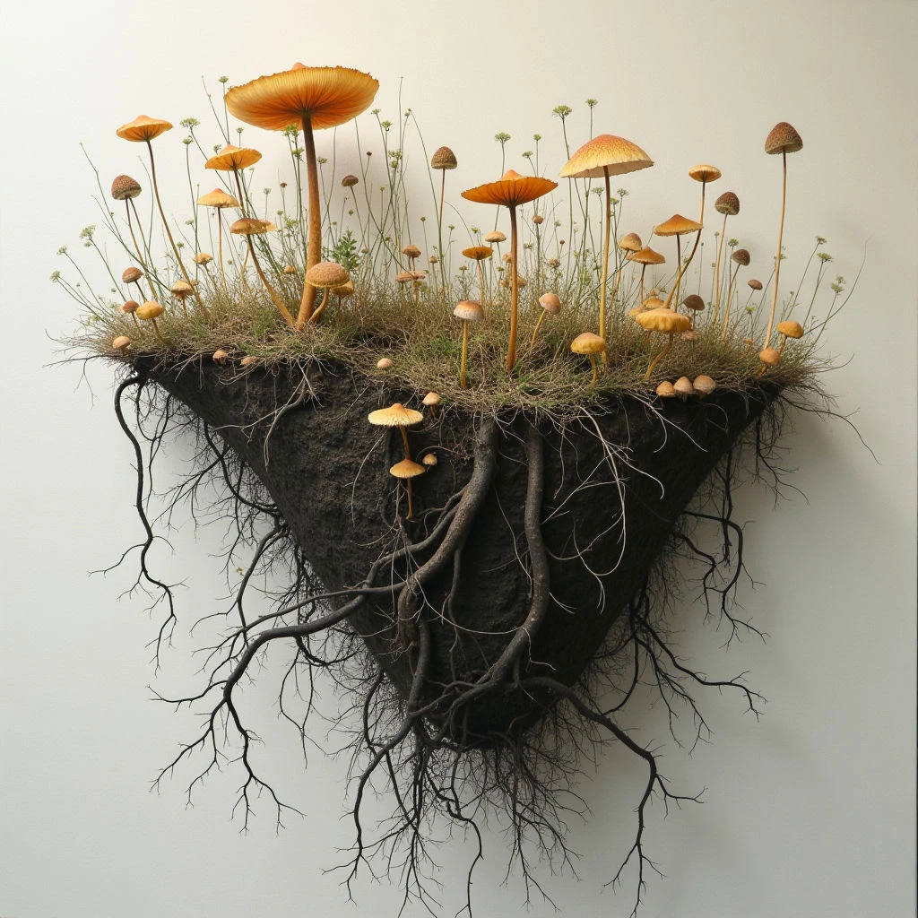 A triangular patch of earth hangs suspended, covered in a dense growth of mushrooms and small plants. Dark, twisting roots sprawl out from the underside of the soil mass, creating an intricate network that seems to defy gravity. The mushrooms vary in size and color, ranging from pale tan to warm orange-brown, giving the scene a natural, organic feel.