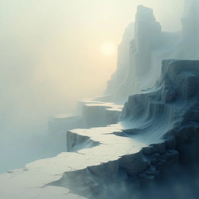 The image features a landscape of layered rock formations in muted shades of blue and grey, with a pale yellow sun visible through a dense fog. Textures are rough and eroded on the cliffs, contrasting with smoother areas suggesting water or sediment deposits, while overall light is soft and diffused, creating minimal strong shadows. The spatial arrangement emphasizes depth as the rock layers recede into the hazy distance, with foreground elements appearing larger and more detailed than those further away.