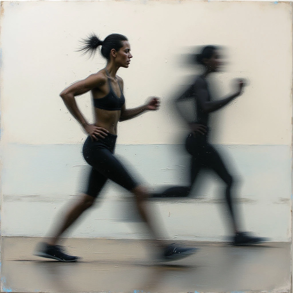 A woman runs with determined focus along a sandy beach, her body lean and powerful in athletic wear. A blurred image of herself trails slightly behind her, suggesting speed and motion. The background is soft and muted, emphasizing the runner's form against a pale horizon.