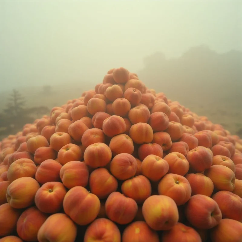 A large pile of round, peach-colored fruit forms a central mound against a hazy, muted background. The smooth, matte surfaces of the fruit transition from soft yellows to warm oranges and deep reds. Soft, diffused light eliminates harsh shadows, creating a sense of depth within the dense cluster of shapes set against a foggy, indistinct landscape.
