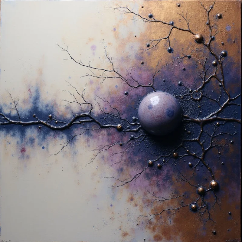The image features a gradient of color transitioning from pale cream on the left to warm gold and brown tones on the right, bisected by a dark blue area with purple undertones. Delicate, branching shapes resembling roots or veins extend across the composition, adorned with small spherical forms; a larger sphere is centrally positioned within the darker blue region. The overall texture appears layered and somewhat rough, while light seems to emanate from within the spheres and subtly highlight the branches, creating depth despite the relatively flat spatial arrangement.