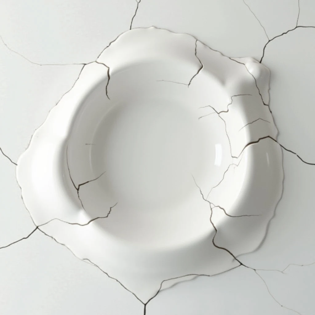 The image is dominated by shades of white and gray, with a stark contrast between the smooth, glossy surface of a bowl and the fractured texture surrounding it. A network of irregular cracks extends outwards from the bowl’s edges across a tiled plane, creating angular shapes that disrupt the otherwise circular form. Soft lighting highlights the bowl's interior while casting subtle shadows within the crevices of the broken tiles, suggesting a shallow depth to the scene.