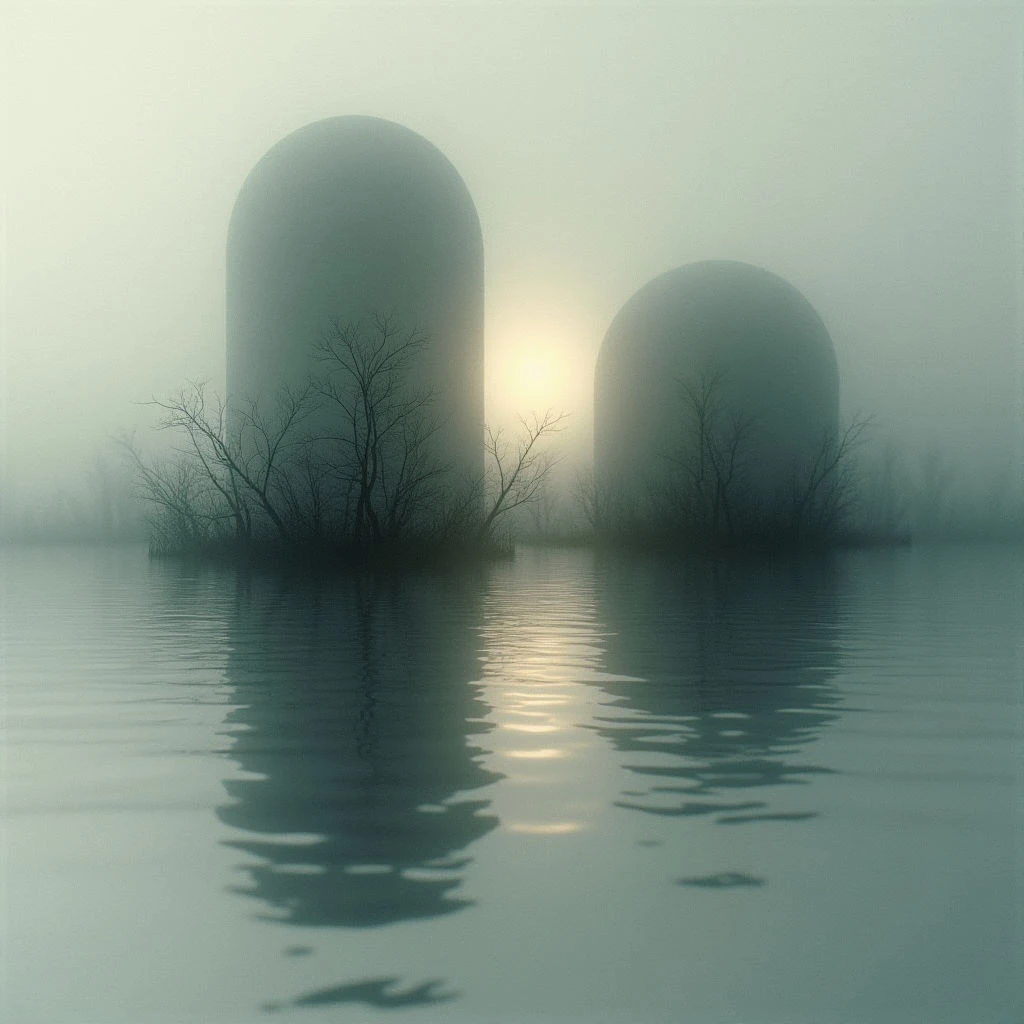 Two large, rounded structures rise from a still body of water shrouded in thick fog. Bare trees cluster around the bases of the forms, their reflections mirroring in the calm surface below. A pale sun is visible between the structures, casting a soft glow on the misty landscape.