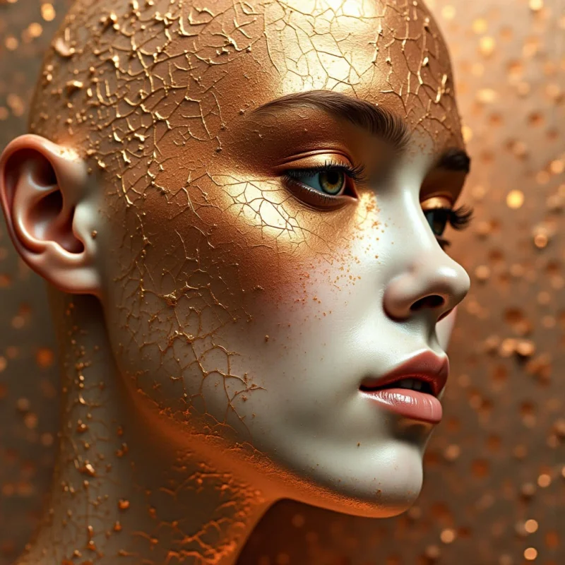 The image features a close-up portrait dominated by warm tones of gold and copper against cooler shades of peach and cream on the skin. A cracked, metallic texture covers much of the face, contrasting with smooth areas around the lips and chin, while subtle speckling adds further detail. Light appears to be coming from above and slightly to the right, creating highlights on the nose, cheekbone, and eyelids, and the subject is positioned in a shallow space against a blurred, similarly-toned background.