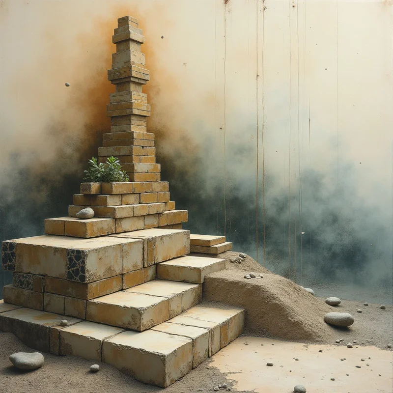 The image features a pyramidal structure built from rectangular blocks, rising from a base of sandy steps and a mound of earth. Colors are primarily warm beige and ochre tones with contrasting dark gray areas forming a backdrop behind the structure, softened by a hazy effect.  Light appears diffuse, casting gentle shadows and highlighting the rough textures of the stone and sand, while thin vertical lines descend from above, intersecting the composition’s space.
