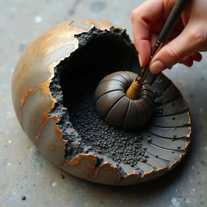 A large, broken spherical vessel with a metallic bronze exterior and a coarse, dark charcoal interior sits on a gray textured surface. A hand uses a fine brush to apply detail to a ribbed, circular object nestled within the dark, granular contents of the hollowed shell. The lighting is soft and directional, creating deep shadows within the cavity and highlighting the contrast between the smooth metallic skin and the rough, pebbled textures.