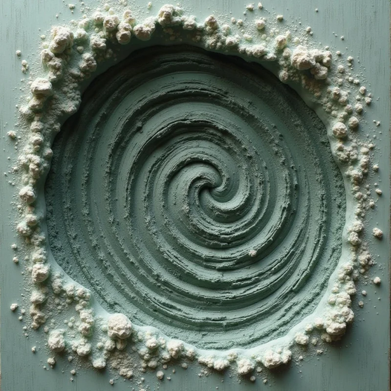 A central spiral of thick, ridged teal texture swirls inward toward a dark core, surrounded by a ring of irregular, bumpy white clusters. The composition uses monochromatic shades of muted green and pale white, with deep shadows defining the grooves and raised mounds. Light hits the textured surfaces from above, creating high-contrast highlights on the peaks and dark recesses within the circular movement.