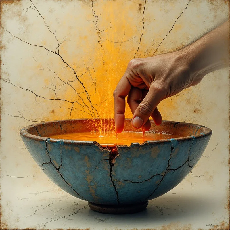 A large, cracked blue bowl filled with bright orange liquid sits against a pale, textured beige background marked by dark branching lines. A human hand reaches from the right, its fingers dipping into the fluid and causing an upward spray of orange droplets. The composition features high contrast between the warm orange tones and the cool blue of the vessel within a shallow spatial field.