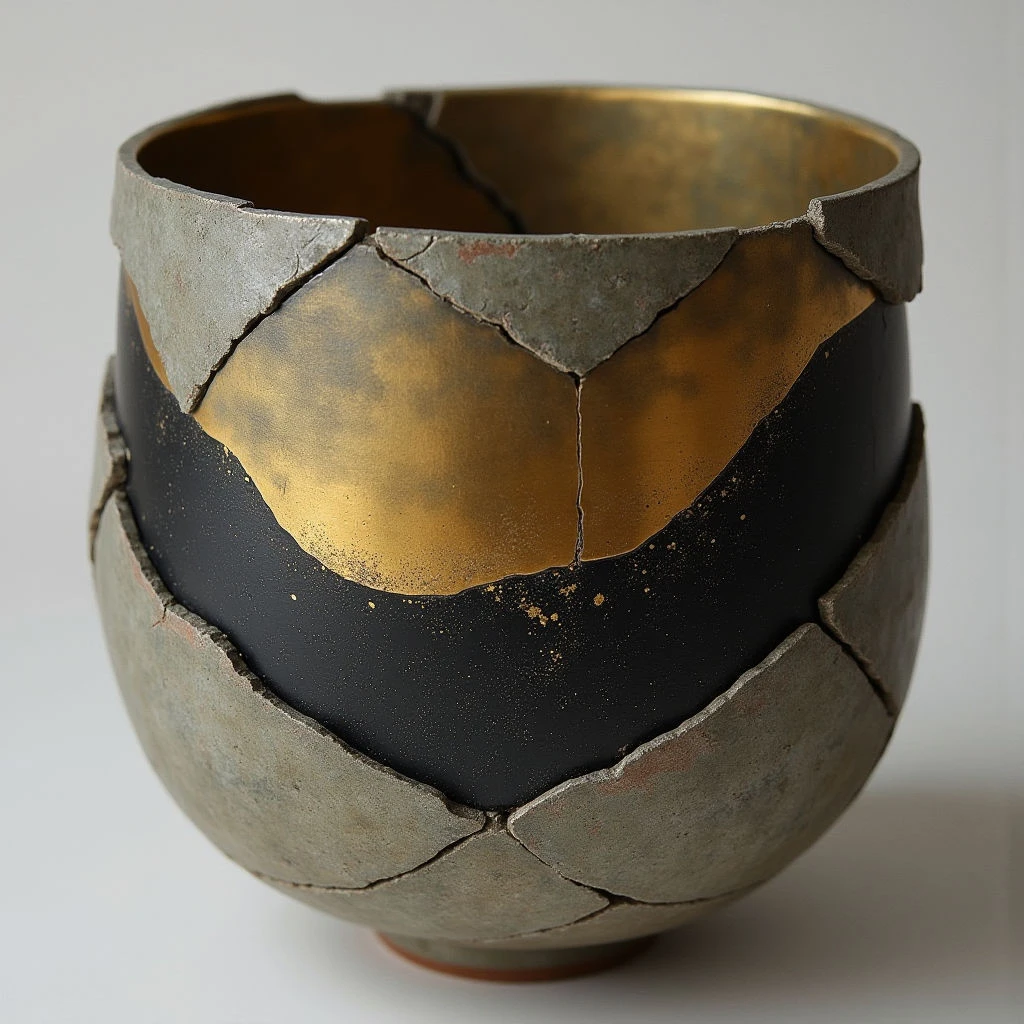 The object is a rounded vessel with a matte grey exterior and a smooth, dark band encircling its midsection, punctuated by irregular gold inlays. Light reflects off the golden areas and interior rim, creating contrast against the textured, fractured appearance of the grey surface. The form appears solid and occupies central space, casting a soft shadow on a neutral background that suggests close proximity to a light source.