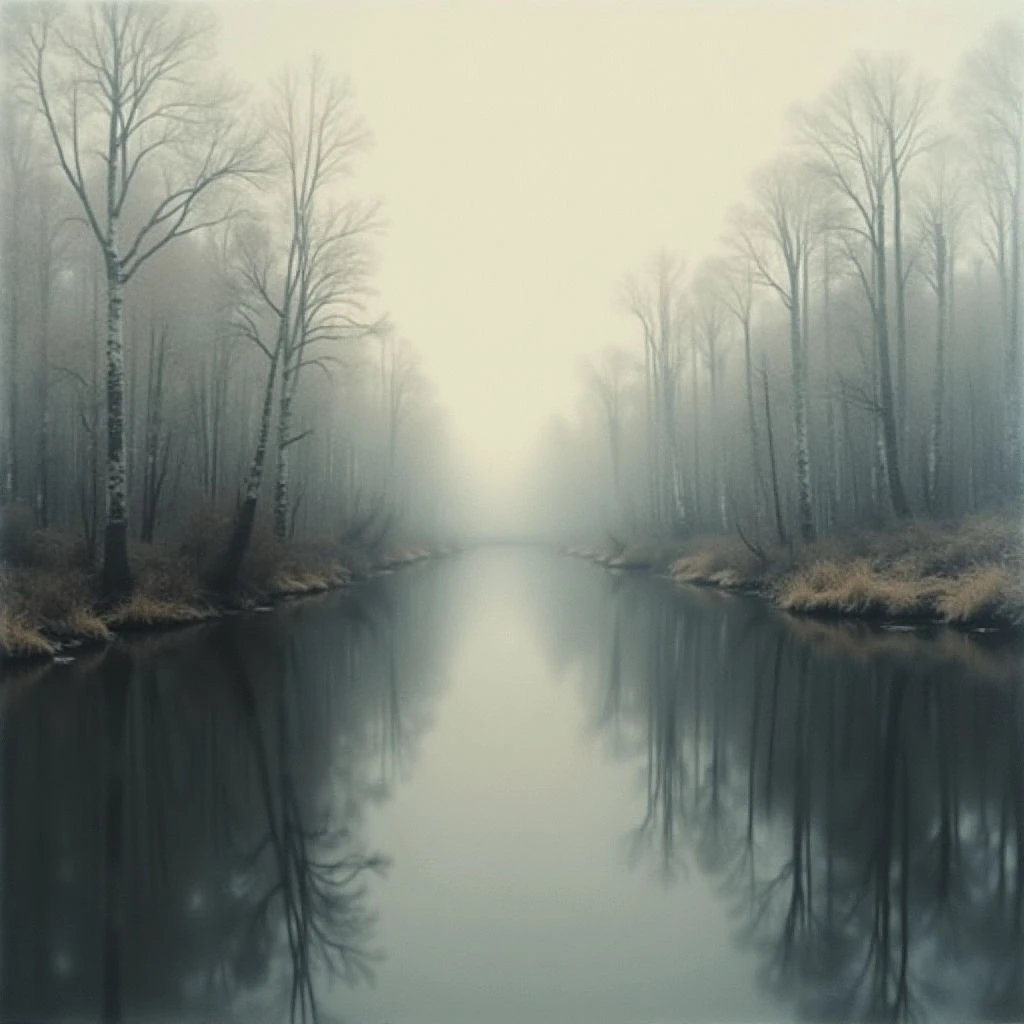 A still, dark waterway cuts through a dense forest shrouded in thick fog. Bare trees line both banks, their reflections mirrored perfectly in the calm water below. The overall tone is quiet and melancholic, with limited visibility due to the pervasive mist.