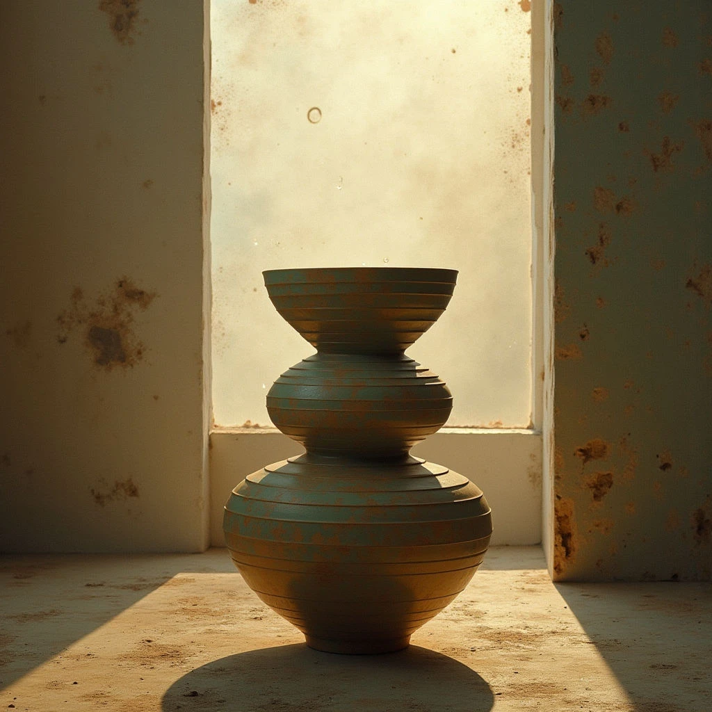 The image features a stacked vessel with rounded, bulbous forms in shades of teal and rust brown, positioned centrally within an architectural space. Walls are pale beige with areas of peeling paint and texture, contrasting with the smoother surface of the vase and floor. Strong directional light casts long shadows from the object and surrounding structure, highlighting the spatial arrangement and defining volume.