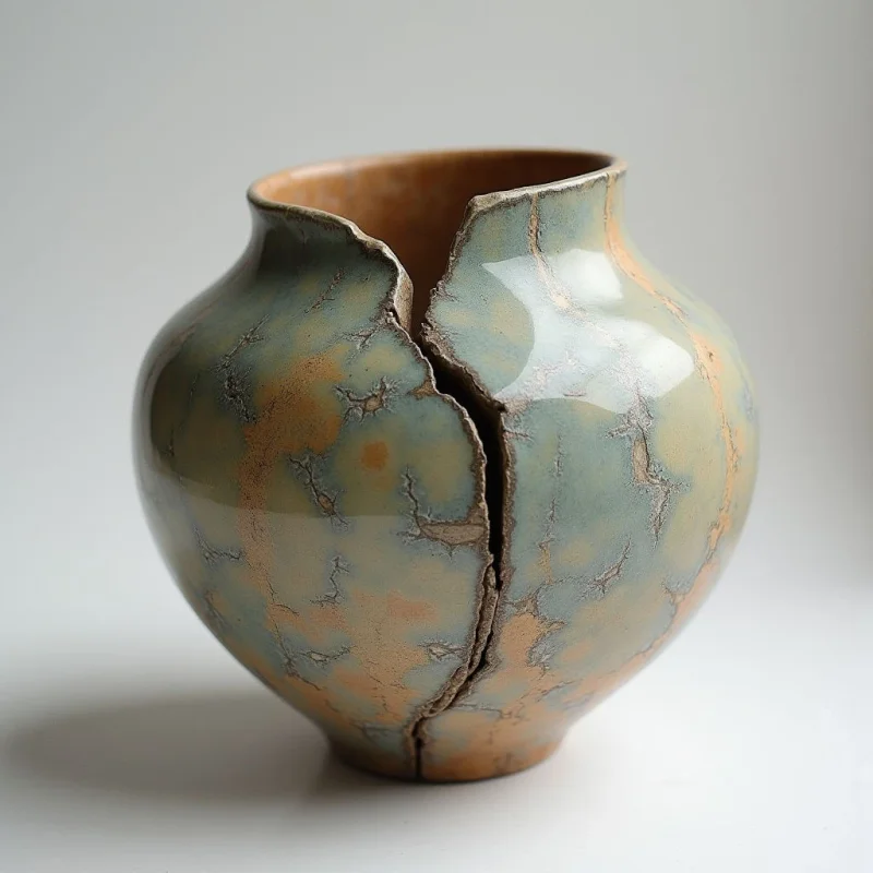 A rounded ceramic vase features a mottled glaze of pale blue, sage green, and earthy ochre with a cracked, web-like texture. A deep, jagged vertical fissure splits the vessel from its rim down to the base, revealing a smooth tan interior. Bright light reflects off the polished surface, casting a soft shadow against a plain, neutral background.