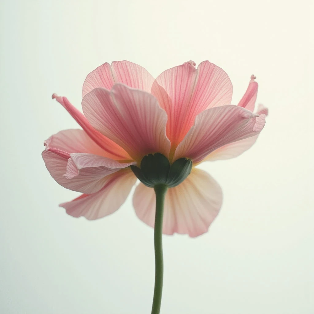 A single pink poppy bloom is centered against a pale, almost white background. The petals are delicate and slightly translucent, with subtle orange hues towards the flower’s center. A slender green stem supports the open blossom, creating a simple yet striking image.