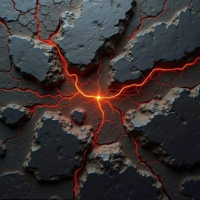 Dark, jagged fragments of textured grey stone are separated by a network of deep fissures. A bright orange glow emanates from the center of the cracks, casting light against the rough, uneven surfaces of the surrounding rock. The composition is centered on this luminous intersection, with radiating lines creating a sense of depth between the raised stone pieces.