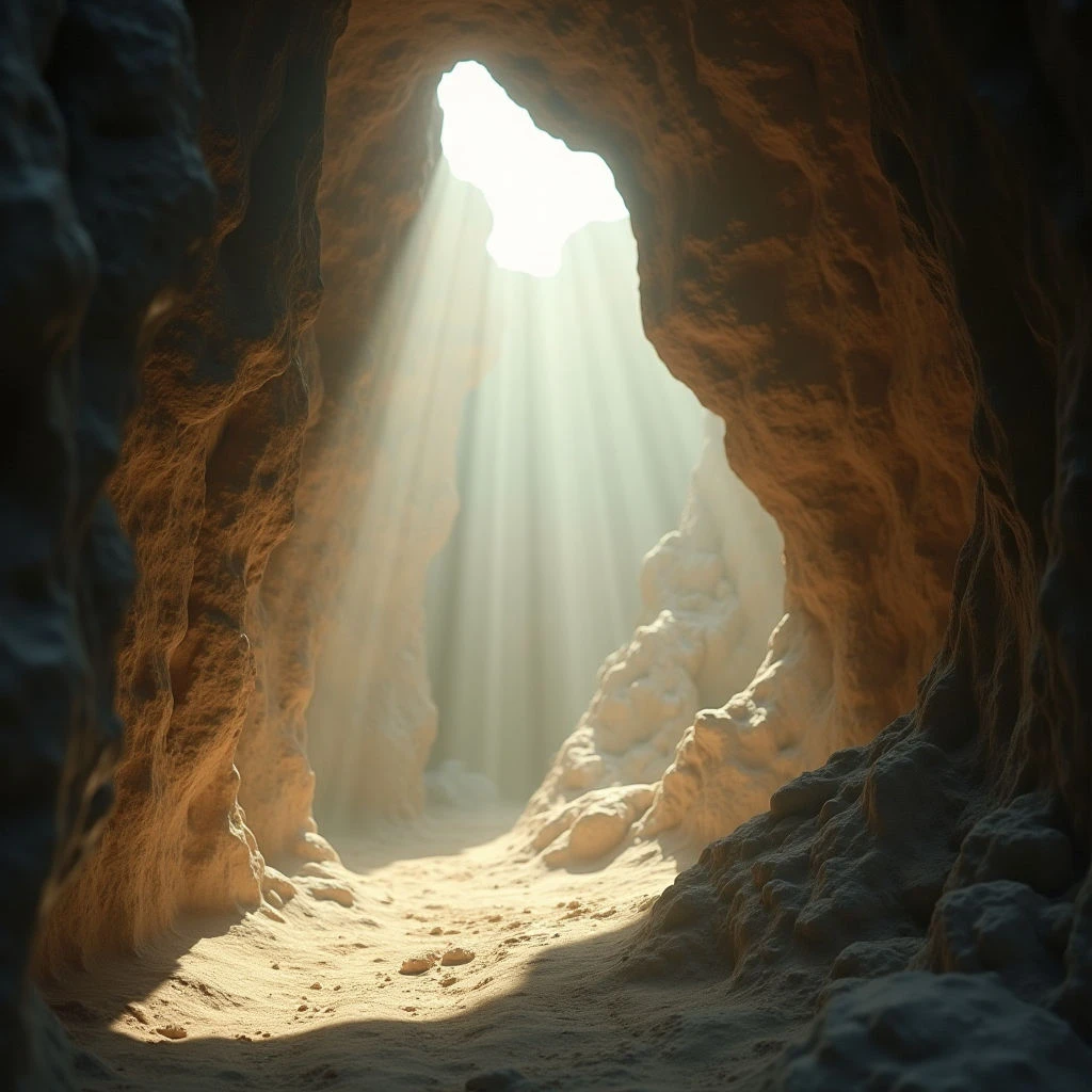 A narrow cave tunnel curves towards a bright opening filled with sunlight. The rough, textured walls of the cave are sandy brown and cast deep shadows, contrasting sharply with the radiant light at the end. A path of loose sand leads forward into the brightness, suggesting an exit or another chamber beyond.