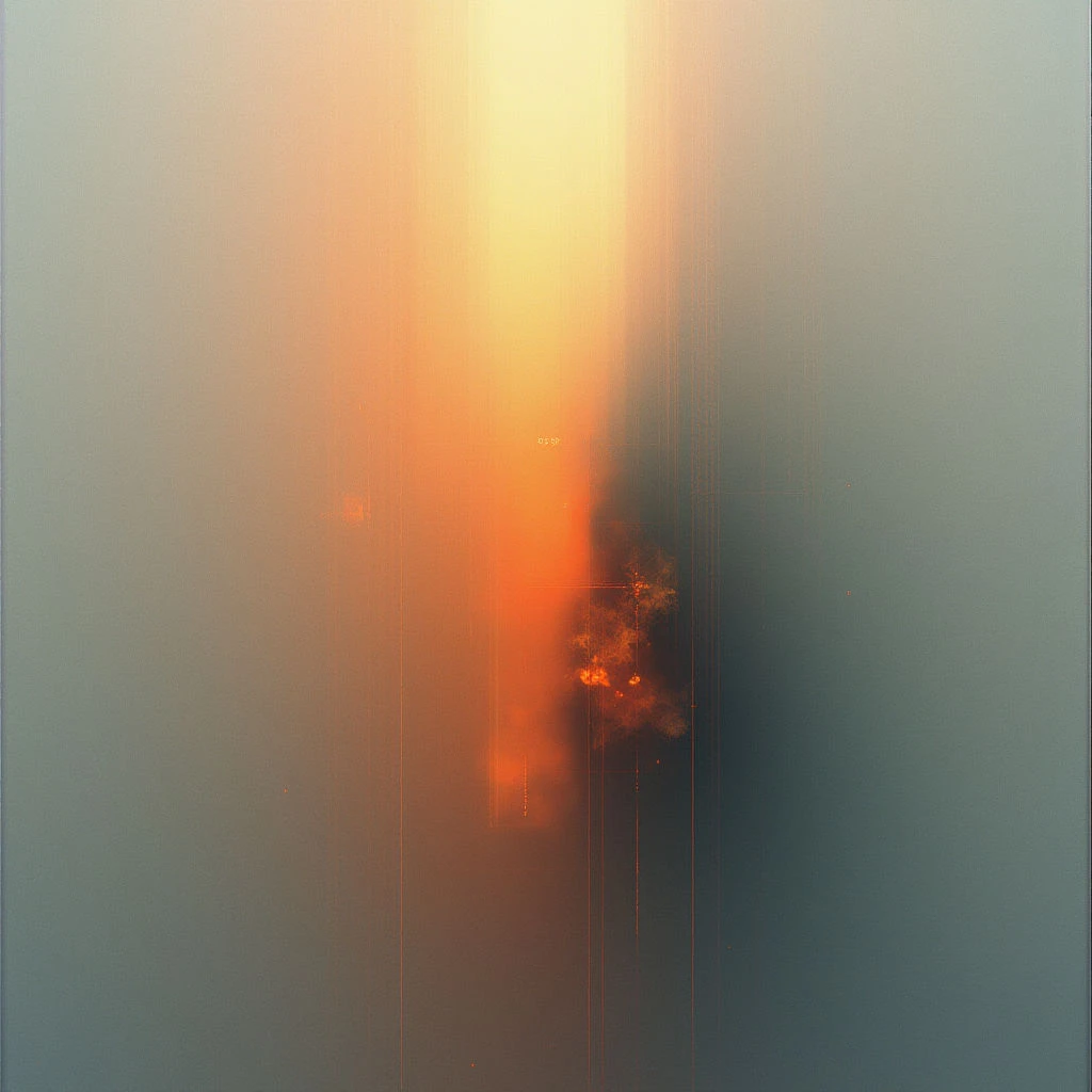 A bright, vertical orange glow dominates the center of a hazy, muted blue-grey space. Darker shapes and bursts of red light are concentrated near the bottom of the glow, suggesting some kind of impact or explosion. The overall effect is ethereal and indistinct, like looking at something distant and obscured through fog.