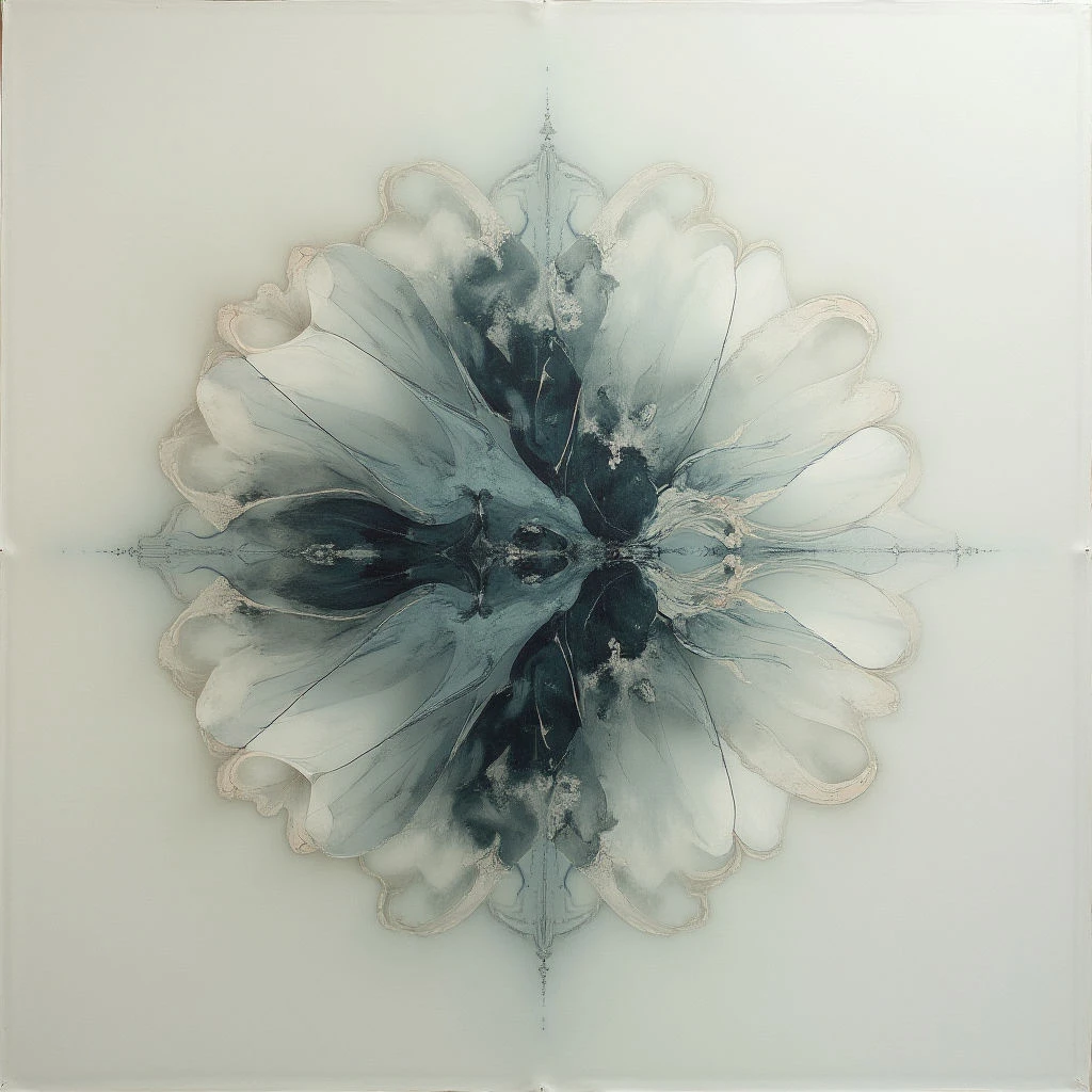 A large, symmetrical floral shape dominates a pale background. The flower is rendered in shades of gray and black ink that bleed and blend together, creating a soft, organic form with delicate, ruffled edges. Hints of gold outline some of the petals, adding subtle contrast to the otherwise muted palette.
