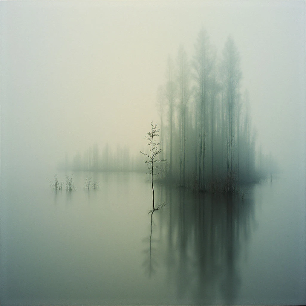 A still, grey body of water reflects a cluster of bare trees shrouded in thick fog. A single, spindly tree stands prominently in the foreground, its reflection mirroring perfectly on the calm surface. The overall mood is quiet and melancholic, with limited visibility due to the dense atmosphere.