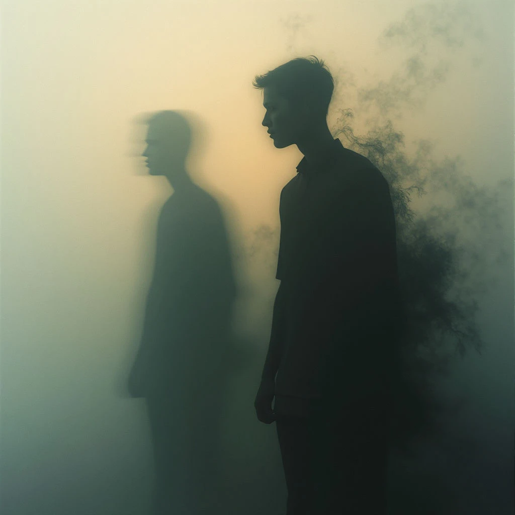 A silhouetted man stands with his back partially obscured by swirling smoke that seems to be emanating from him. Beside him, a blurred and distorted version of himself appears as if fading away into a hazy, muted background. The overall tone is somber and suggests themes of inner turmoil or loss of identity.