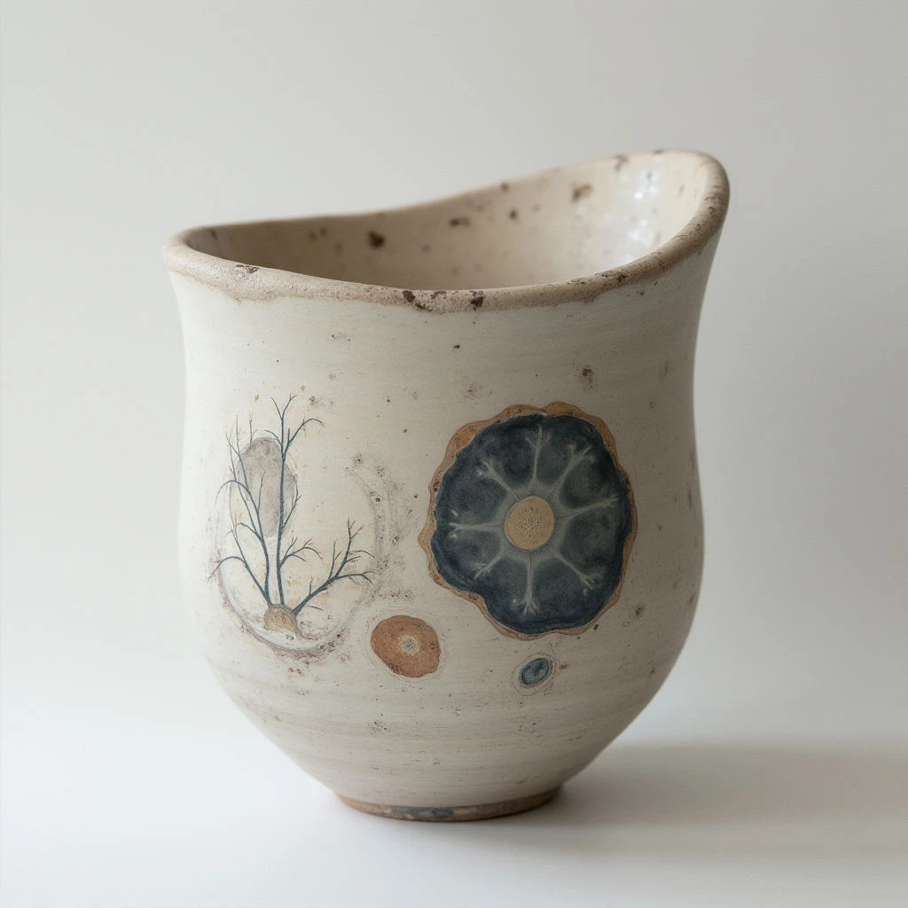 A roughly formed, off-white ceramic bowl sits against a pale background. Delicate illustrations of plant life—a cluster of thin branches and two stylized flower shapes—are painted onto its surface in muted blues and browns. The bowl’s lip is uneven and textured, giving it a handmade quality.