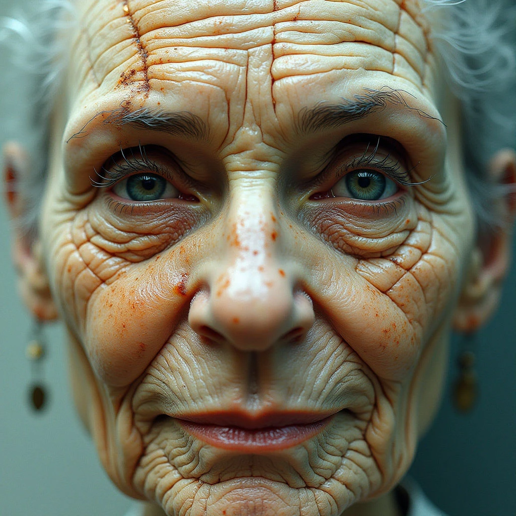 The image is a close-up of a face with predominantly warm beige and brown tones contrasted by pale blue eyes and sparse grey hair. Deep wrinkles and textured skin cover the entire visible surface, creating a complex pattern of lines and shadows across the nose, cheeks, and forehead. Soft light illuminates the central portion of the face while the edges fade into darker areas, resulting in a shallow depth of field that emphasizes the features directly in front.