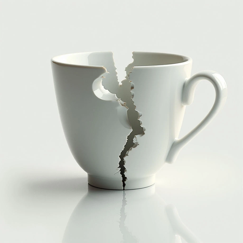 A white ceramic mug is shattered, split cleanly down the middle with jagged edges visible along the break. The two pieces remain upright, resting on a reflective surface that mirrors their form. The simple background emphasizes the starkness of the broken object.
