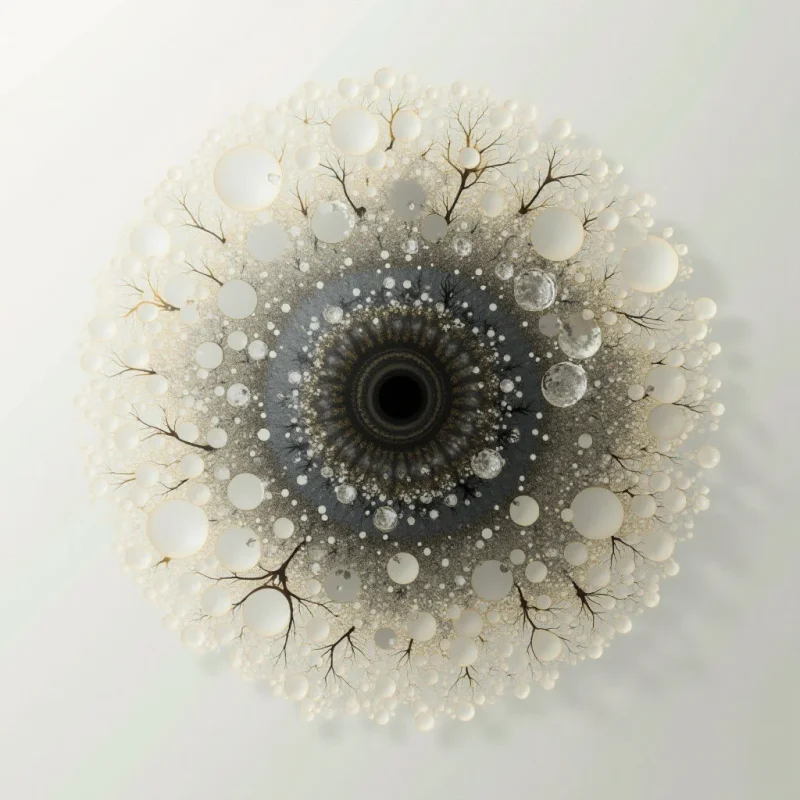 A dark, swirling center resembling an eye is surrounded by a halo of translucent bubbles, each containing the reflection of bare tree branches. The composition appears circular and symmetrical, with the density of bubbles increasing towards the outer edges. It evokes a sense of depth and organic complexity against a pale background.