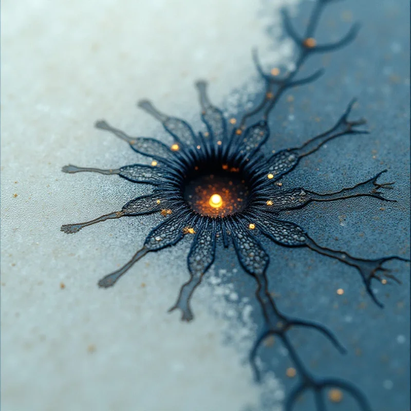 The image features a central, dark structure resembling a flower or neural network against a pale blue and white background. Fine, branching lines extend outwards from the core, with small golden speckles scattered throughout the composition. Light appears to emanate from the center of the structure, creating a focal point and highlighting its intricate texture, while the surrounding areas are softer in focus.