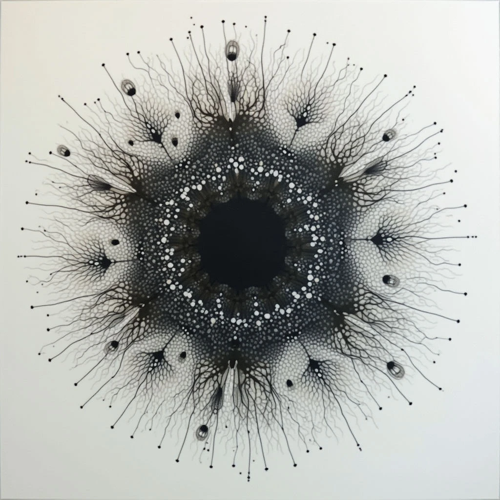 A dark, circular form dominates the center of a white background, radiating outwards with intricate, spidery lines and small, bulbous shapes. The central darkness is surrounded by concentric rings of smaller dots and denser linework, creating a complex, organic pattern. It resembles a blossoming flower or an eye looking out from within a shadowy depth.