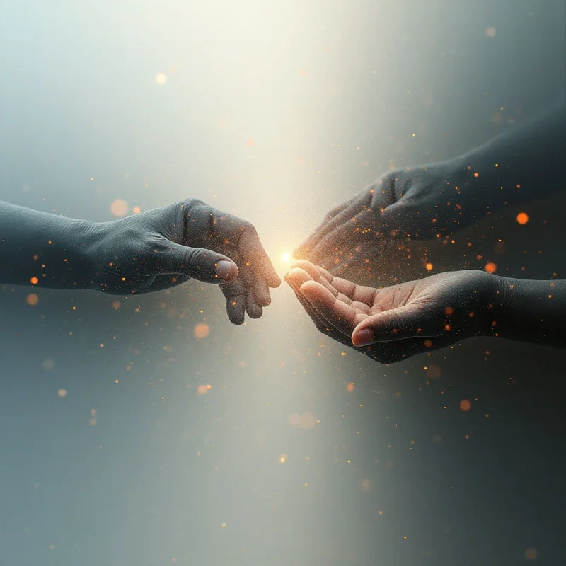 Two hands reach towards each other, nearly touching as a bright spark of light flares between their fingertips. Tiny particles of glowing dust float around the hands and within the luminous energy. The background is soft and blurred, creating a sense of ethereal space.