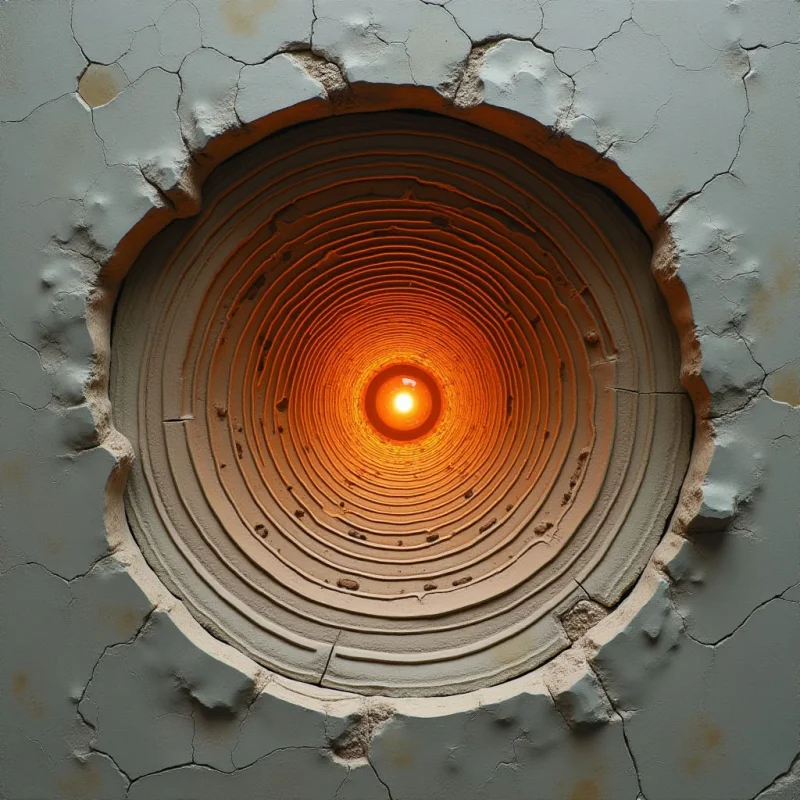 A circular opening in a cracked, pale grey textured surface reveals a series of concentric, ridged rings receding into the distance. A bright orange light glows intensely at the center of these deep, layered grooves, creating a sense of tunnel-like depth. The composition transitions from the rough, matte exterior to a warm, luminous core through rhythmic, circular shapes.