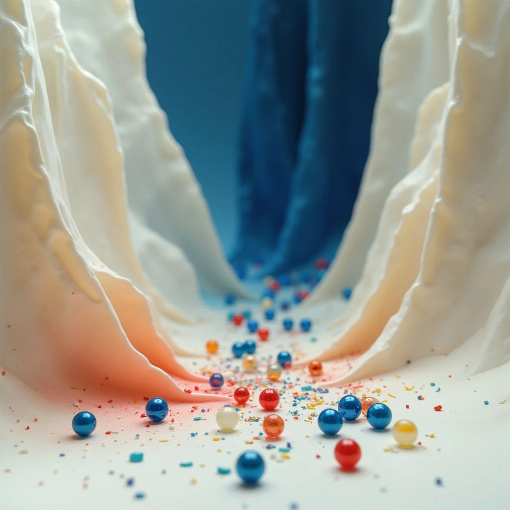 The image features a predominantly cool color palette with shades of blue and white contrasted by scattered warm tones of orange, red, and yellow. Soft, undulating shapes resembling fabric or sculpted material create a canyon-like space filled with small spherical objects and granular textures. Light appears diffused and even across the scene, casting minimal shadows and highlighting the glossy surfaces of the spheres while emphasizing depth within the central arrangement.