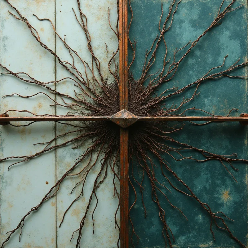 Thin, dark brown organic branches radiate from a central intersection across two contrasting rectangular panels of off-white and teal. The textures transition from the smooth, weathered surfaces of the background to the intricate, tangled knotting at the center point. Light is evenly distributed, emphasizing the linear patterns of the spindly shapes against the flat spatial planes.
