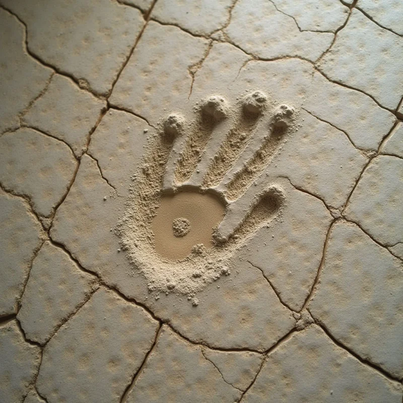 A handprint is pressed into a monochromatic, tan-colored surface of cracked, parched earth. The fine, granular texture of the sand within the indentation contrasts with the irregular, jagged lines of the surrounding fissures. Soft, diffused light casts subtle shadows within the palm and along the edges of the cracks, defining the depth of the imprint.