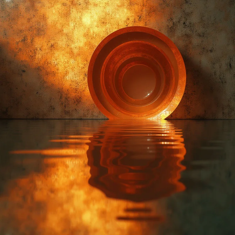 The image features a warm palette of browns and oranges, with a textured wall providing contrast to the smooth surface of an object partially submerged in water. A circular form dominates the upper portion of the frame, its concentric rings reflected in the rippling dark water below. Light appears to emanate from within the object and is diffused across both the wall and the reflective surface, creating a sense of depth and shadow.