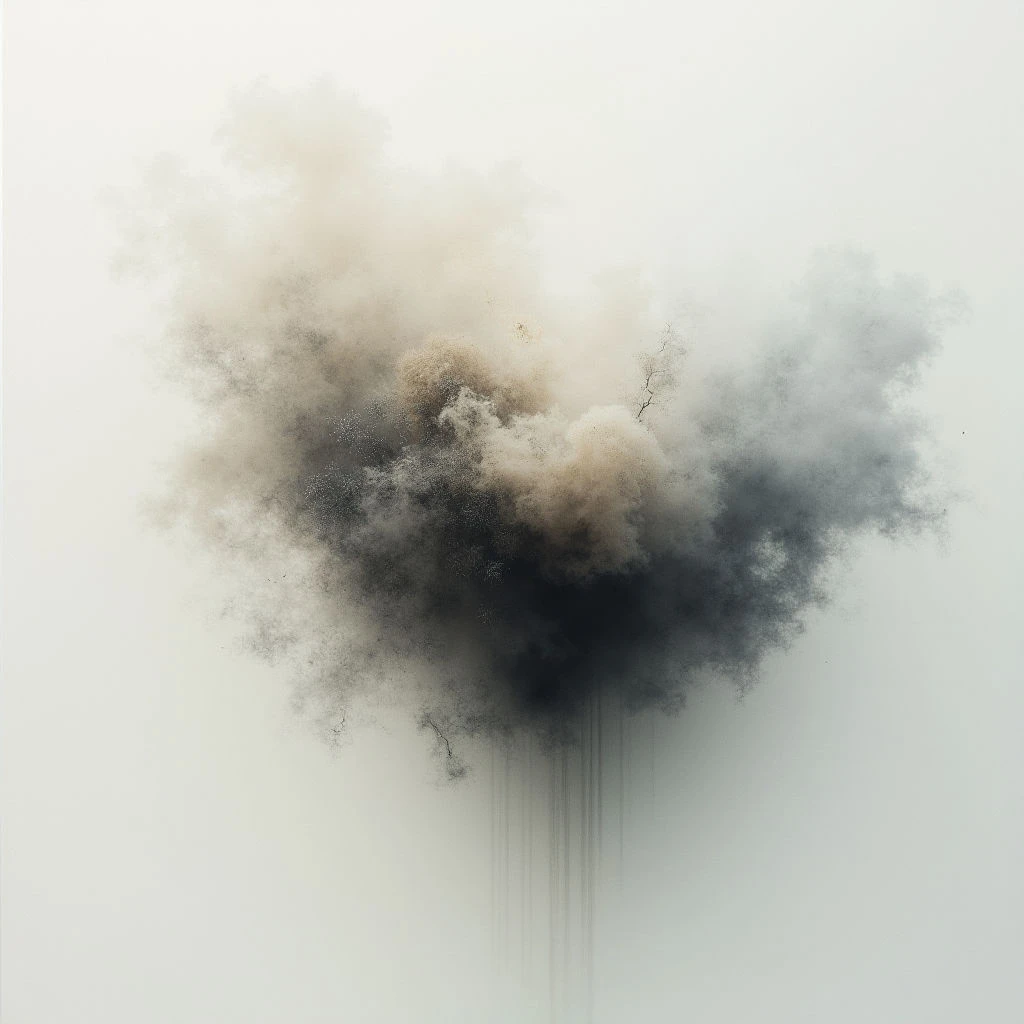 A large, amorphous cloud of dark and light grays dominates the center of a stark white background. The cloud appears to be dissipating downwards into faint, streaking lines resembling smoke or liquid. Its texture is soft and blurred, creating an ethereal, almost ghostly effect.