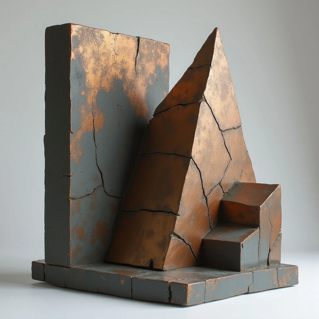 The sculpture features a palette of muted browns and grays with copper undertones throughout its fractured surfaces. Rough, cracked textures dominate the forms, contrasting with smoother planes on some angled sections, creating a sense of age or weathering. A tall rectangular prism stands adjacent to an arrangement of stepped shapes culminating in a sharp pyramid, all resting on a low, square base; soft, diffused light casts gentle shadows highlighting the geometric composition and spatial depth.