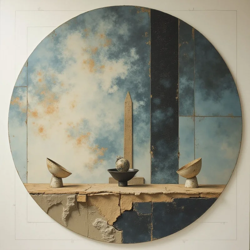 The image depicts a circular arrangement of objects against a backdrop of cloudy blue sky and dark rectangular forms. A rough, textured stone ledge occupies the lower portion, supporting two shallow bowls flanking a small dark vessel and a pointed obelisk-like shape. Soft light appears to originate from above, casting subtle shadows and highlighting the varied textures of the stone and metallic vessels within a relatively shallow space.